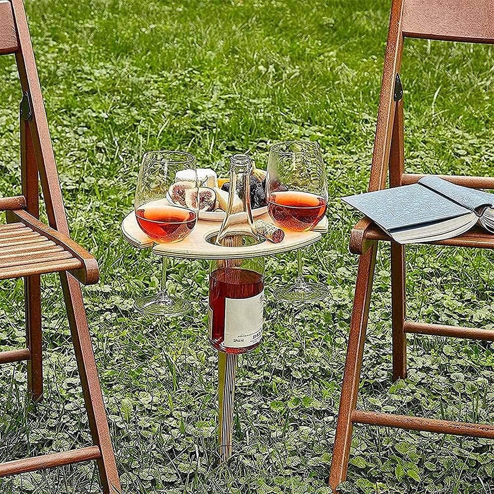 Outdoor Table Portable Wine Table with Foldable Round Desktop Mini Wooden Picnic Camping Table Beach Table Easy to Carry for Enthusiasts Gardens/Courtyards/Campfires/Parks