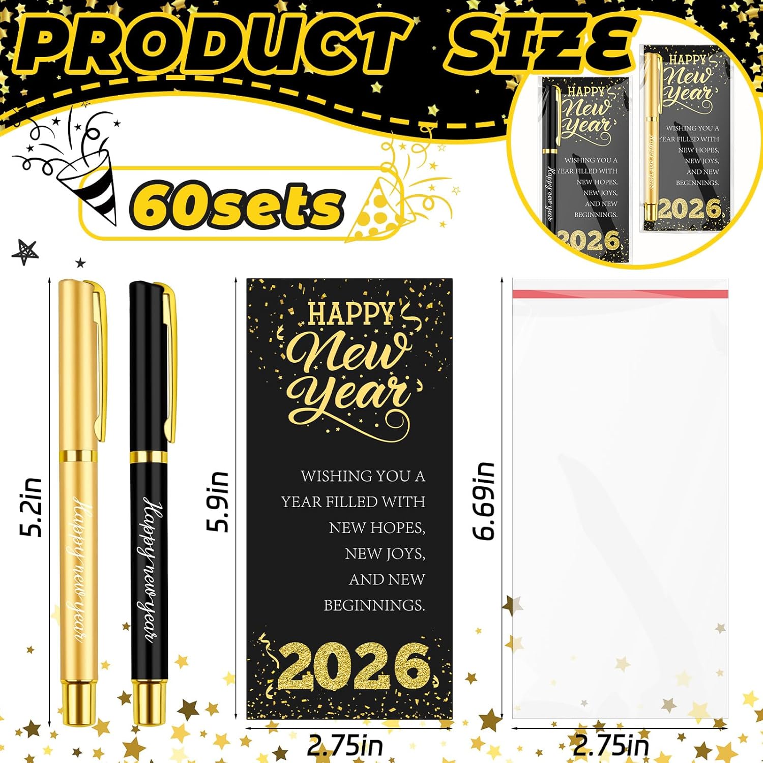 Demonwer 60 Sets Happy New Year Gifts Bulk 2026 Inspirational Ballpoint Pens with Blessing Cards Black and Gold Metal Pen Gifts for New Year Coworkers Friends Family Party Favor