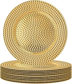 MAONAME 13" Gold Charger Plates Set of 12, Plastic Chargers for Dinner Plates, Electroplated Plate Chargers, Hammer Round Charger for Table Setting, Wedding Decor