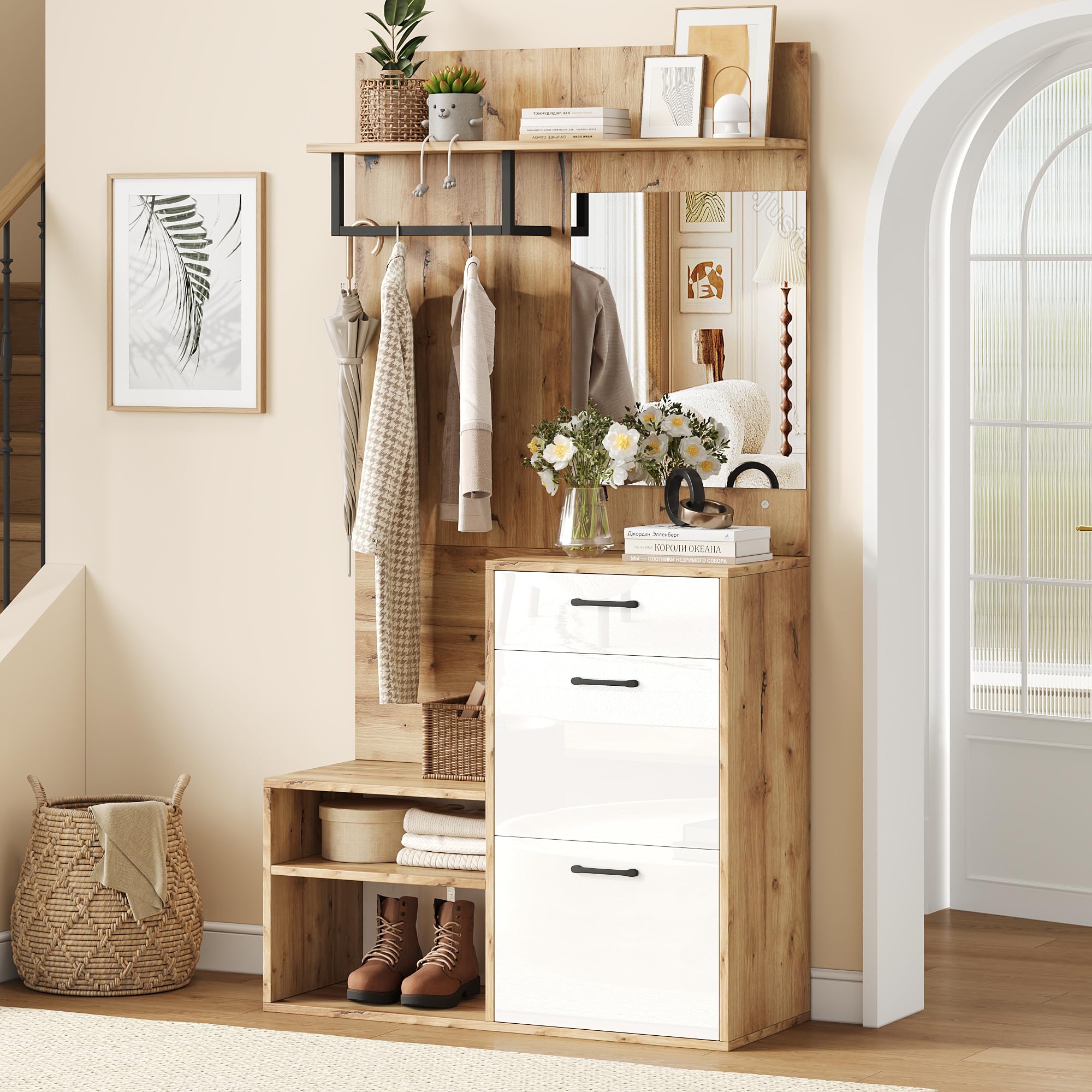 Merax Coat Rack with Shoe Storage, Hall Tree Entryway with Bench, Mirror, Drawer & Shoe Cabinet, High Gloss Coat Stand with Shelf & Hooks, 100x38.5x190cm, White & Wood