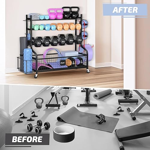 Vista 26 de PLKOW Estante para mancuernas, soporte de pesas para mancuernas, gimnasio en casa, esterilla de yoga y pelotas, almacenamiento de entrenamiento todo