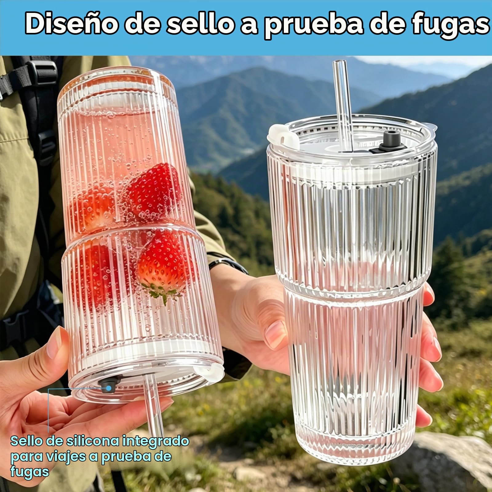 2 Piezas Vasos de Vidrio con Tapa y Pajita, 600ml Vaso Cristal Transparente Diseño a Rayas con Popotes y Cepillo, Vasos Reutilizables para Café Helado, Batidos, Jugo, Cócteles, Cerveza