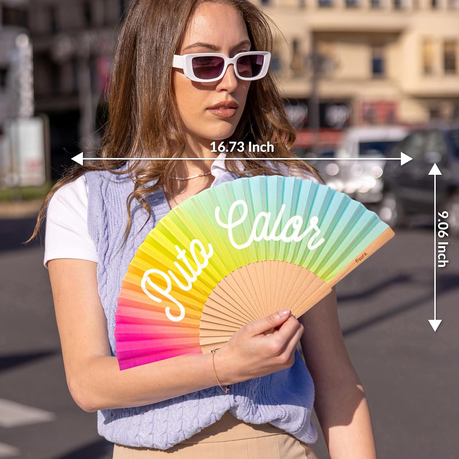 Fisura – Original Folding Fan with Message “P*to calor”. Rainbow Handheld folfing Fan for Women. Glows in the Dark. Fans for Wedding, Party, Birthday, Gift, Decorations.
