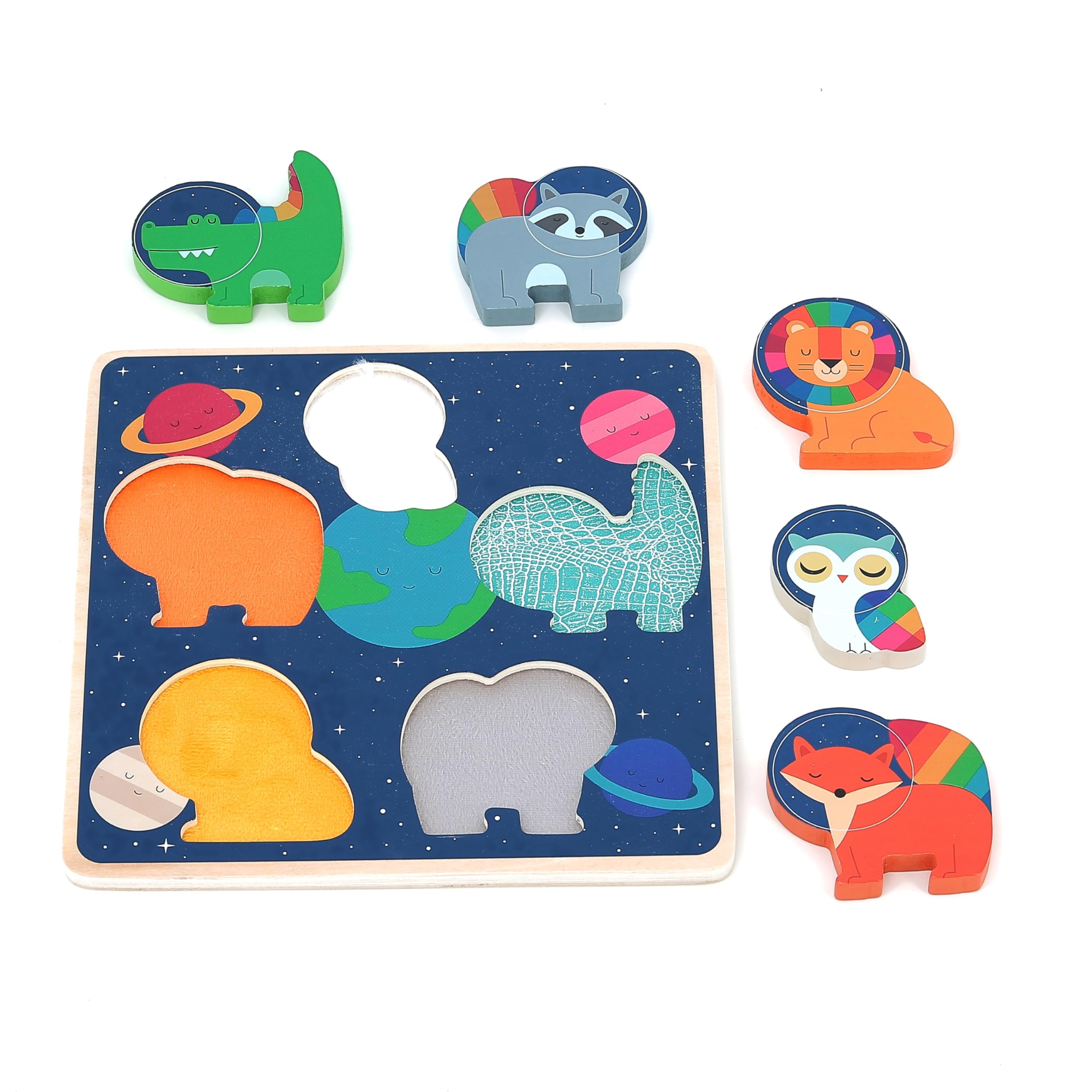 Vilac Touch and Feel Wooden Shape Puzzle - 5 Animal Pieces and Board, Montessori Game, Space Theme by Andy Westface, 18 Months+ - Image 4