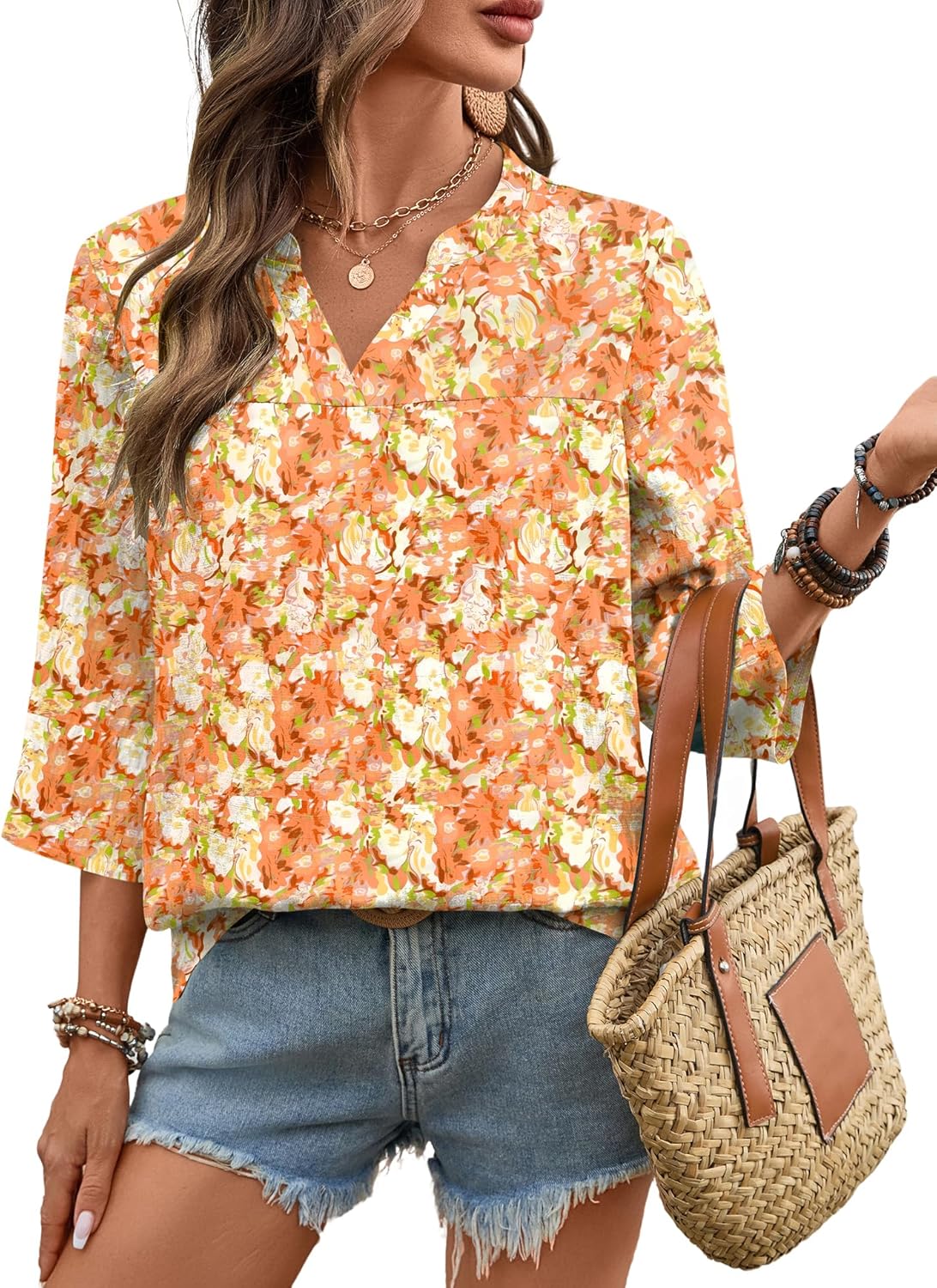 Rapbin Womens 3/4 Sleeve V Neck Floral Print Pleated Blouses for Women Dressy Casual Loose Fit Tops - Image 3