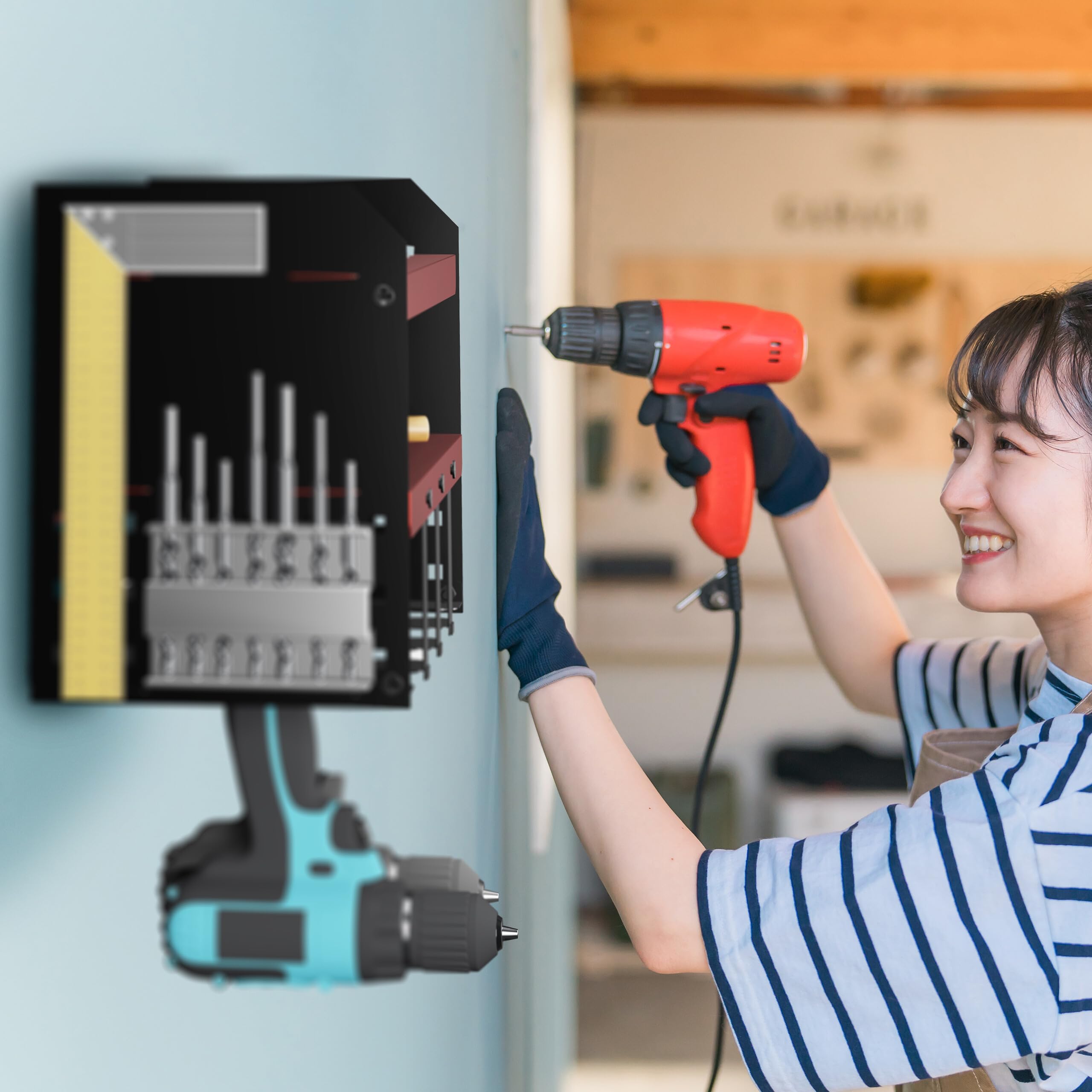 Relaxdays Organizer per Attrezzi Elettrici, Portautensili da Lavoro, per 4 Trapani, per Garage e Officina, Rosso Nero
