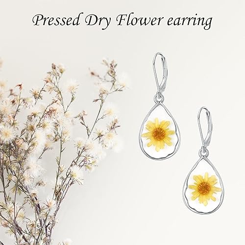 Miniatura 6 de Pendientes de lágrima de flores secas prensadas, aretes colgantes de flores prensadas, regalos de joyería para mujeres, Plata de ley