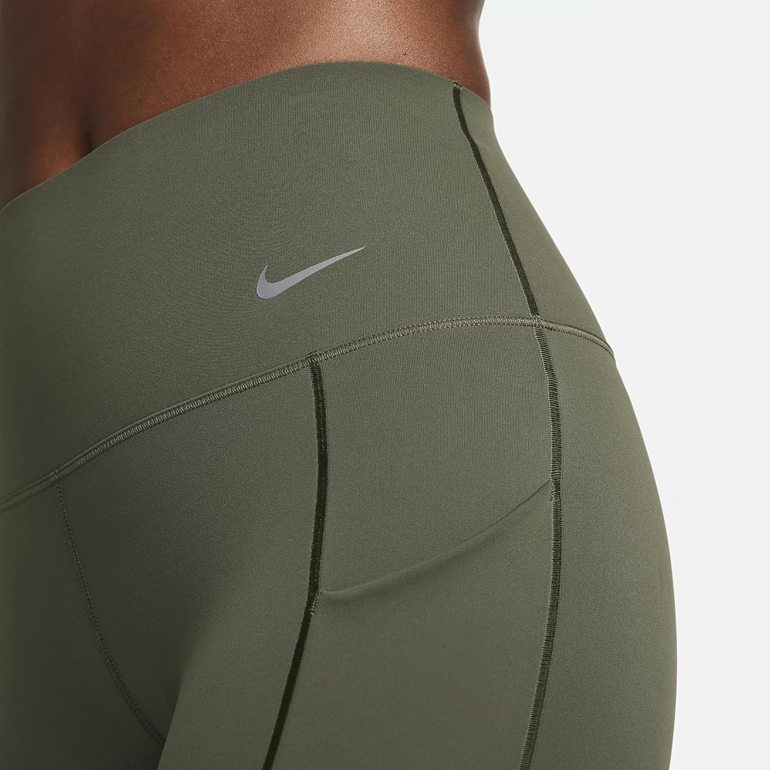 Nike Universa Women's Medium-Support High-Waisted 7/8 Leggings with Pockets (DQ5897-325, Cargo Khaki/Black) Size X-Small