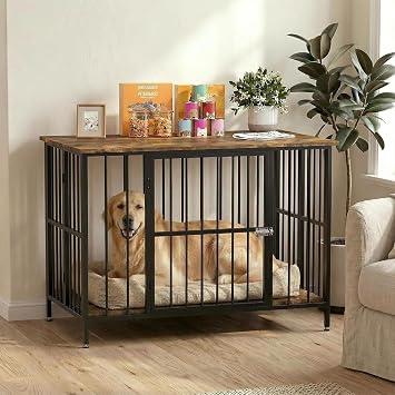 39" Dog Crate Furniture, No Assembly Required Decorative Indoor Dog Kennel, Solid Wood Pet Crate for Large/Medium/Small Dogs, Heavy Duty Multifunctional End Table