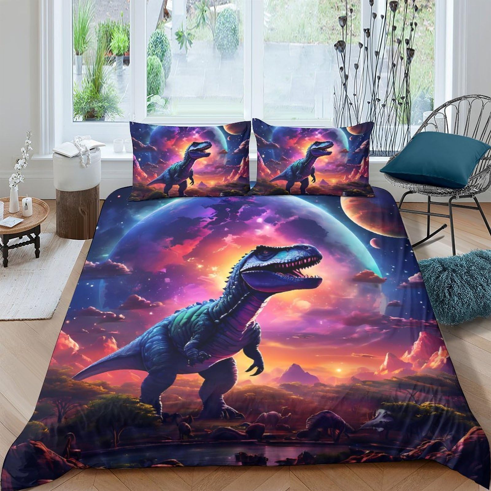 Ctjqhvkz Style-3 3D Printed Dinosaur Universe Fitted Sheet Microfiber Vibrant Scenic Bed Sheet For Bedroom Dorm Guest Room Decor Single（135X200cm）