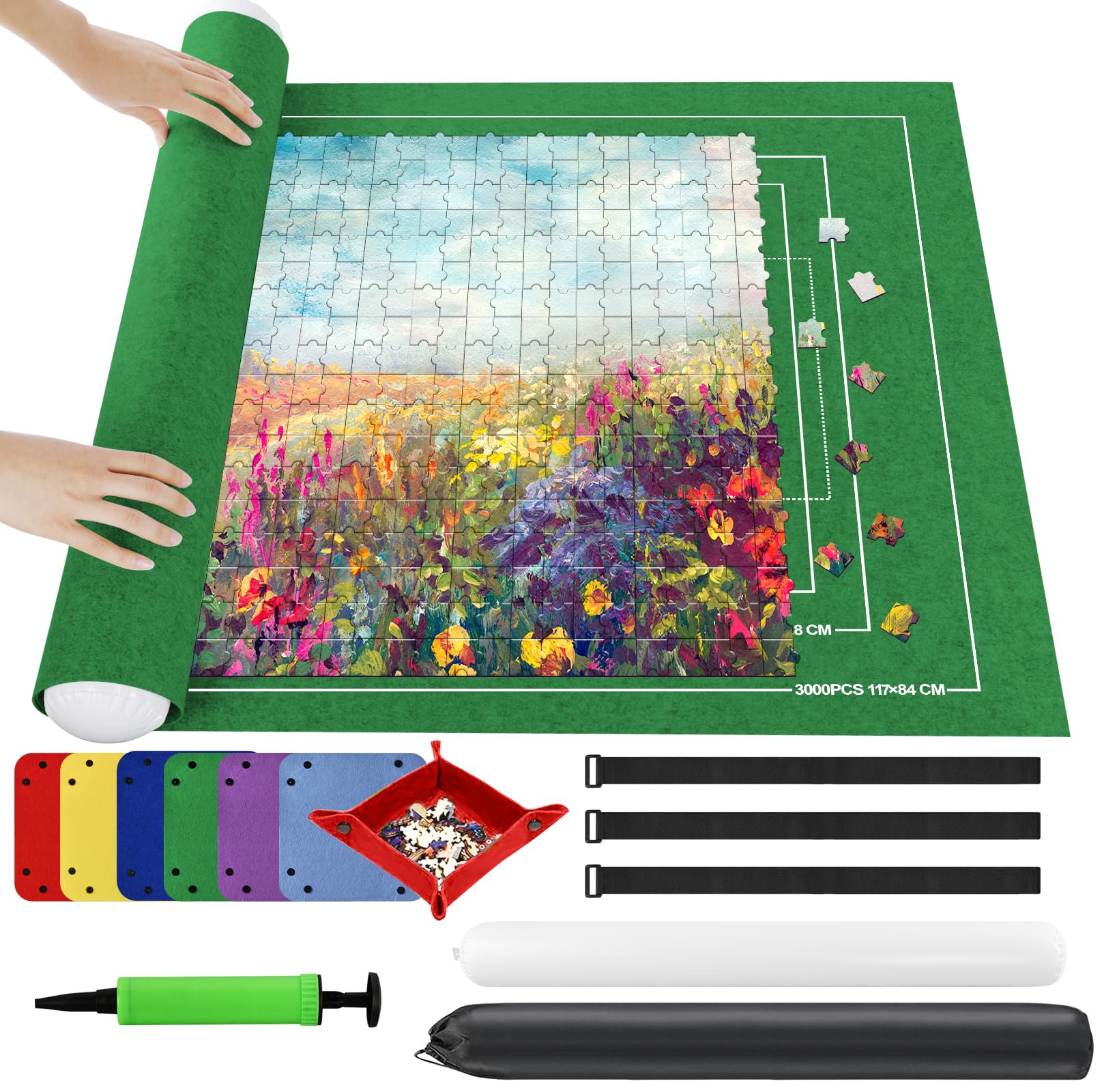 Ainiv Puzzle Roll Jigsaw Storage Felt Mat, Jigsaw Puzzle Roll Mat, Portable Puzzle Roll Up Storage Mat with Auxiliary Lines for up to 3000 Pcs, Foldable Puzzle Storage Felt Pad with Inflatable Pump
