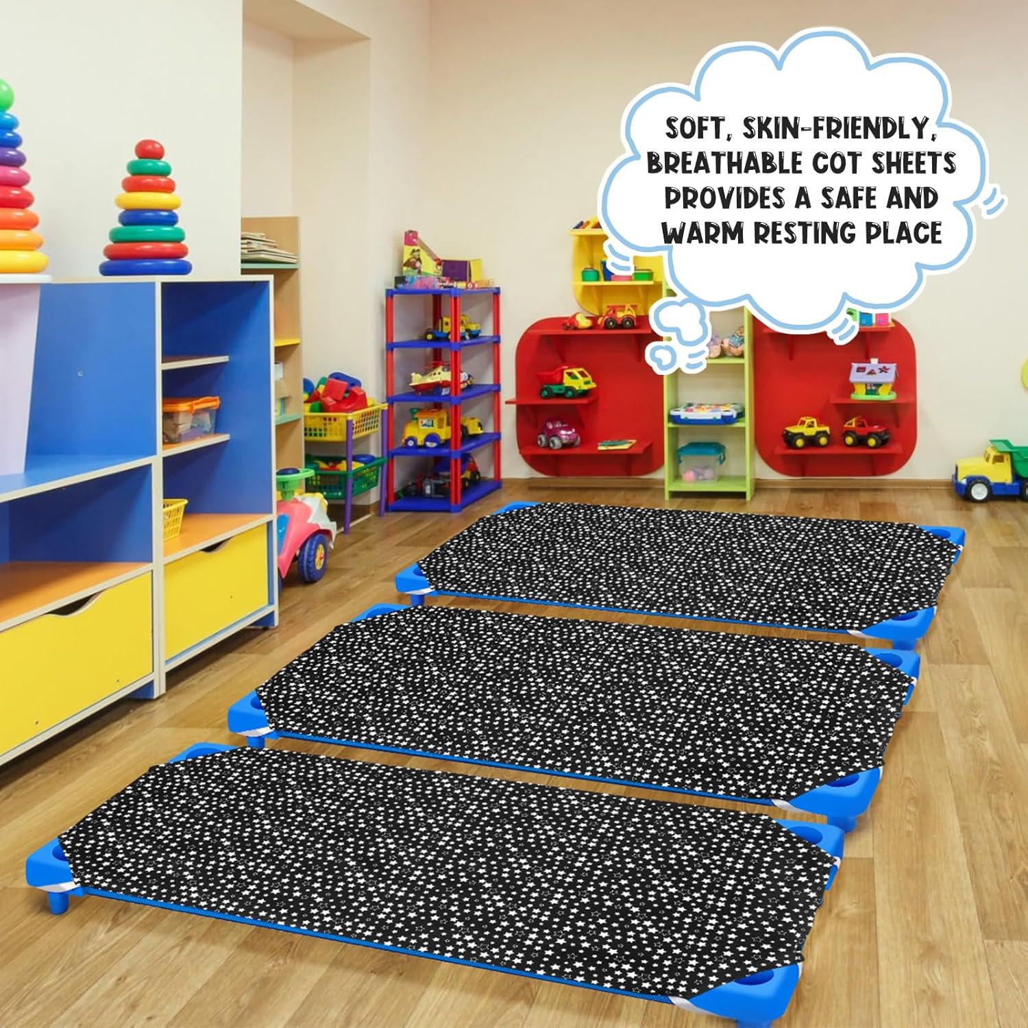 Peryiter 6 Pcs Cot Sheets for Daycare Standard Size 24" x 51" Toddler Nap Mat Sheets Star Pattern with Corner Elastic Loops Breathable Bed Fitted Cot Crib for Preschool Child Kid Boy Girl (Black)