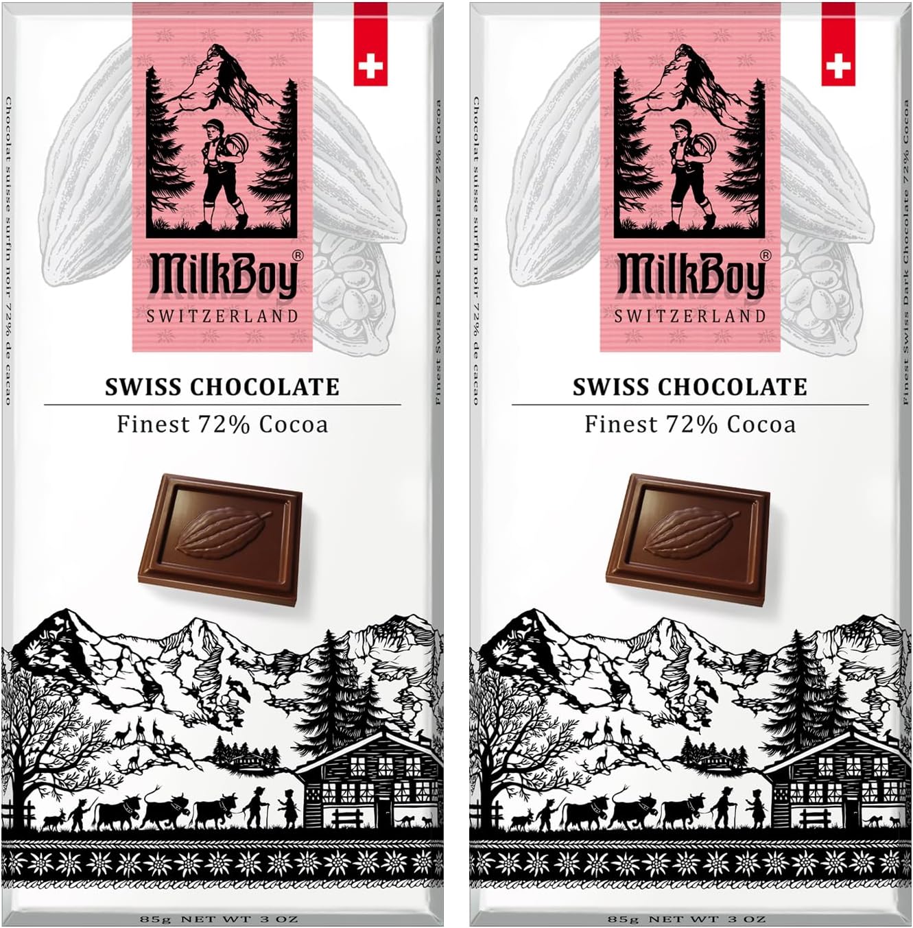 Milkboy Swiss Chocolates Dark Chocolates - 72% Cocoa, Made in Switzerland, Dairy Free, Vegan, Gluten-Free, Non-GMO, Kosher, Sustainably Farmed, European Chocolate - 3 oz, Pack 2
