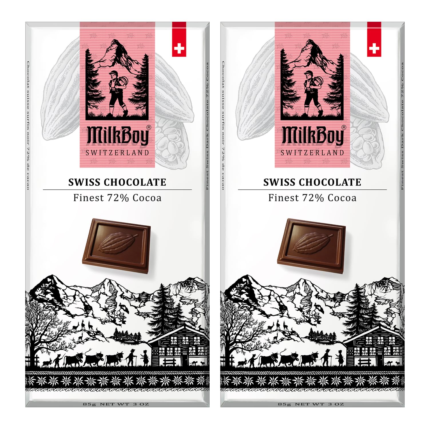 Milkboy Swiss Dark Chocolates - 72% Cocoa, Made in Switzerland, Dairy Free, Vegan, Gluten-Free, Non-GMO, Kosher, Sustainably Farmed, European Chocolate - 3 oz, Pack 2