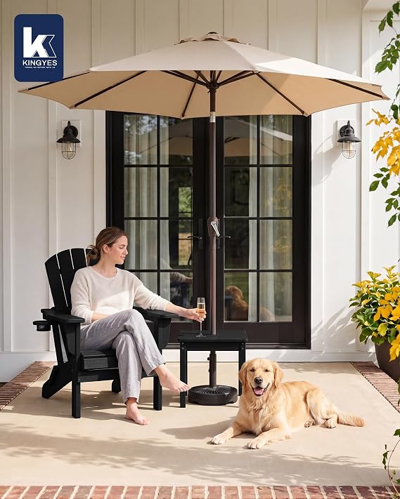 KINGYES Double Side Table with 1.6'' Umbrella Hole, HDPE Adirondack End Table- Black