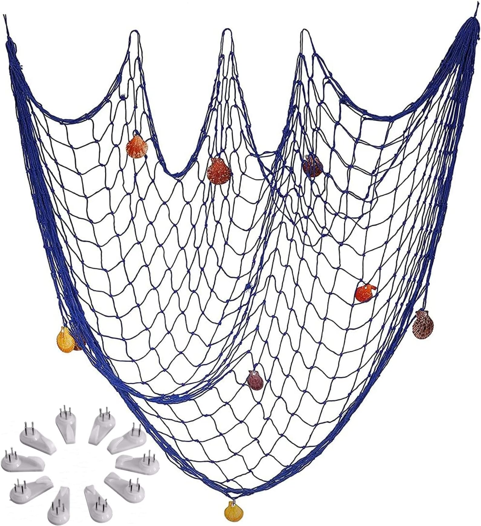 Fish Net Wall Decor Nautical Mediterranean Style Photo Hanging Display Frame with 9 Sea Shells for Christmas Birthday Party Decorations Ornaments 39 x 79 inch (Blue)