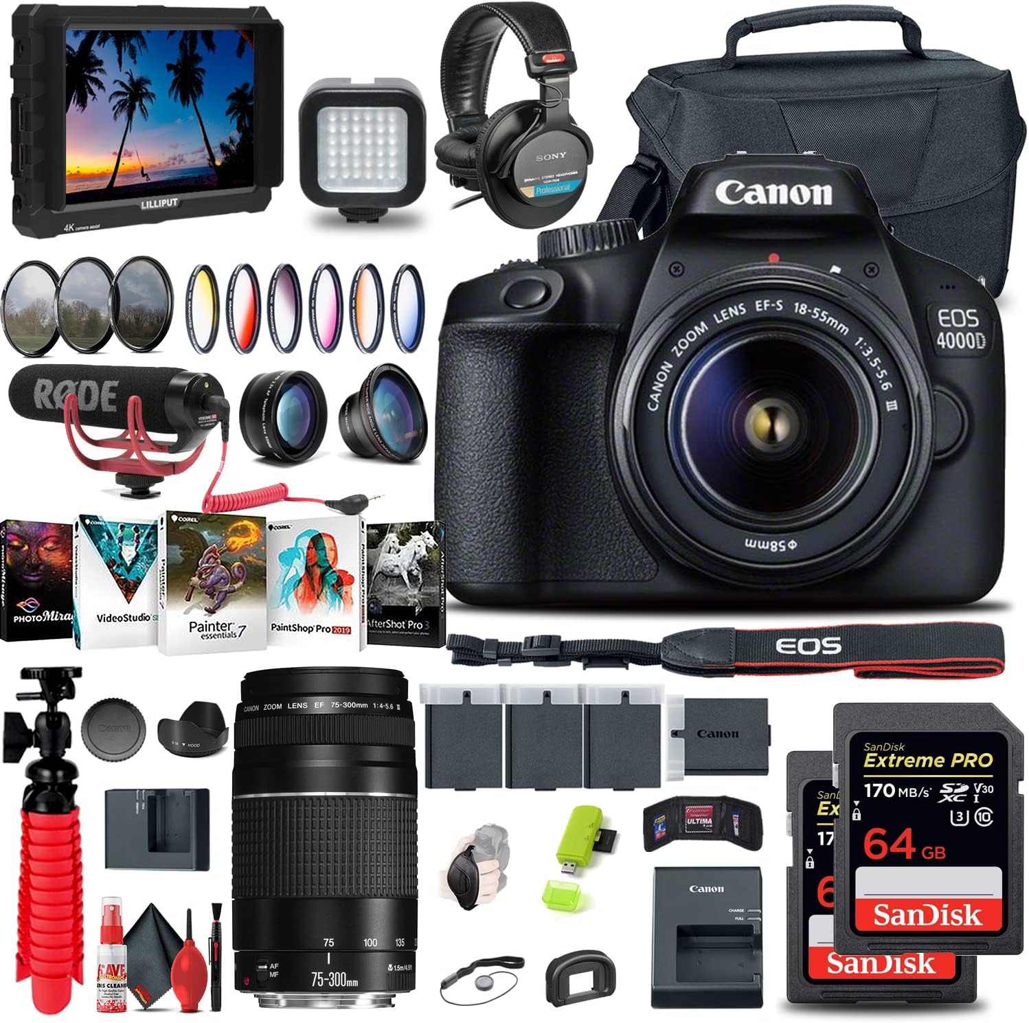 Canon EOS 4000D / Rebel T100 DSLR Camera with 18-55mm Lens + Canon EF 75-300mm Lens + 4K Monitor + Mic + Headphones + 2 x 64GB Memory Card + Color Filter Kit + Case + More