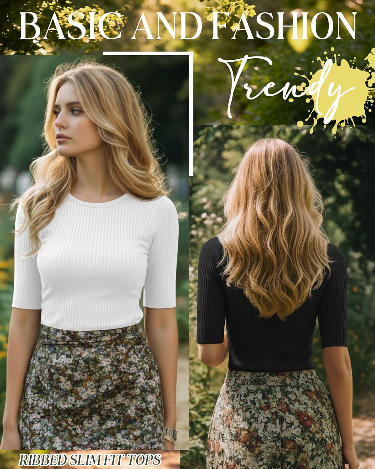 Riyiper 3 Pack Women's Half Sleeve Tops, Elbow Length Ribbed Cotton T Shirt Crew Neck Summer Tee Slim Fit Casual Blouses - Image 4