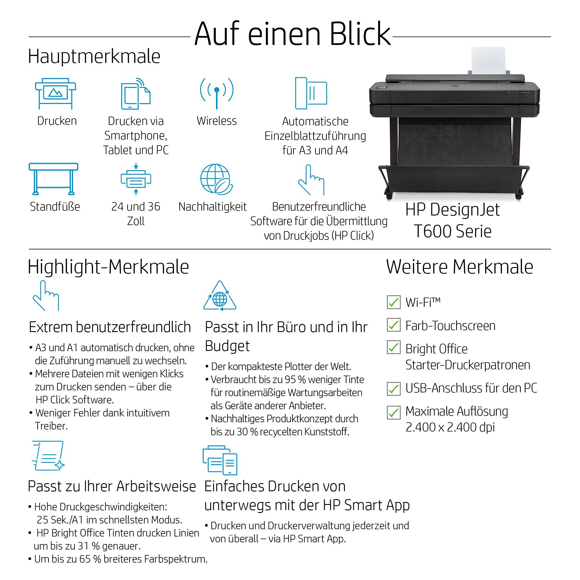 HP DesignJet T650 Großformatdrucker, 36 Zoll, bis zu A0, mobiles Drucken, Wi-Fi, Gigabit Ethernet, Hi-Speed USB 2.0 (5HB10A), Schwarz
