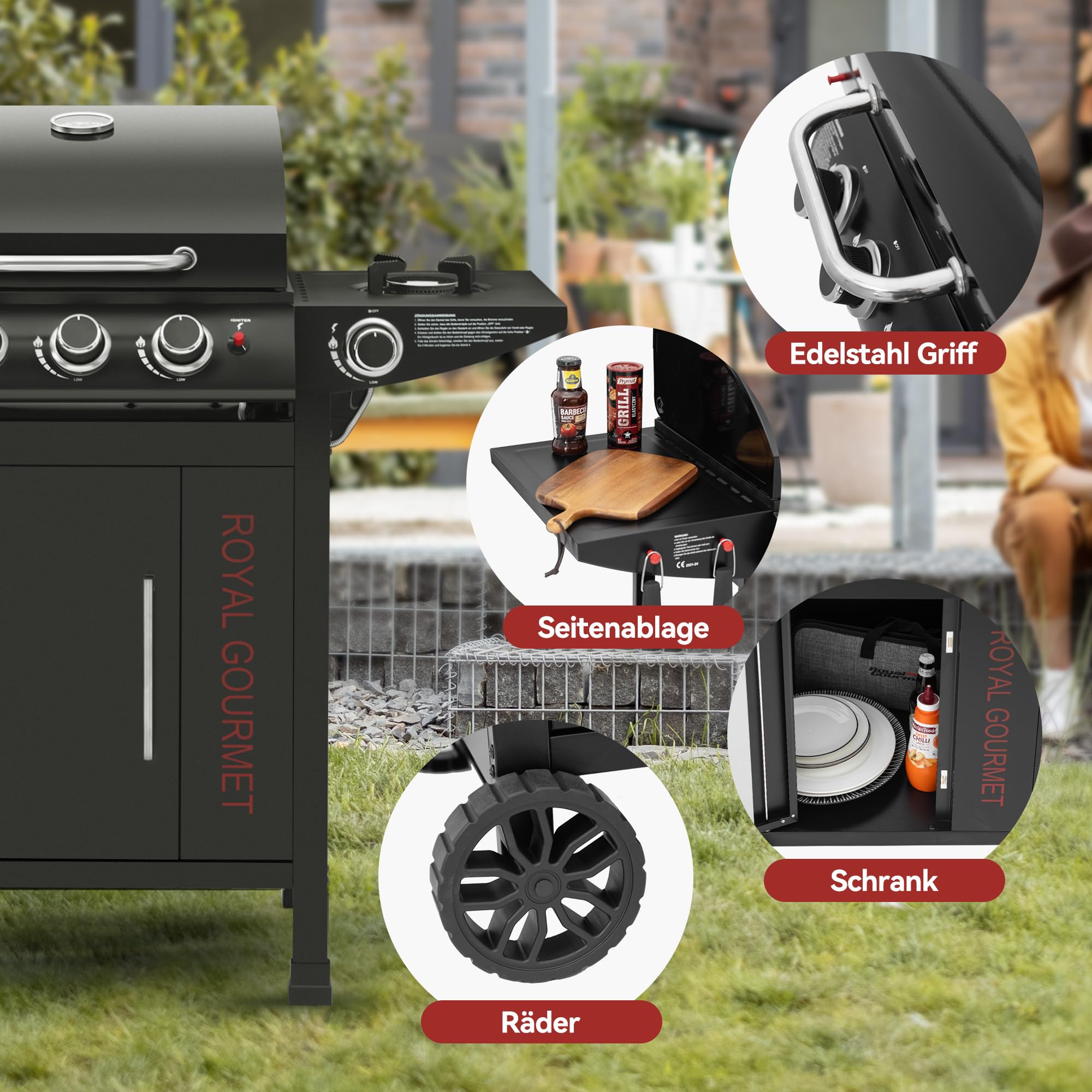 Royal Gourmet Gasgrill 3+1 Brenner Grillwagen mit 11,5 kW, Campinggrill mit Seitenbrenner, Outdoor Gas Grill inkl. Haken, Unterschrank für Balkon, Party Schwarz