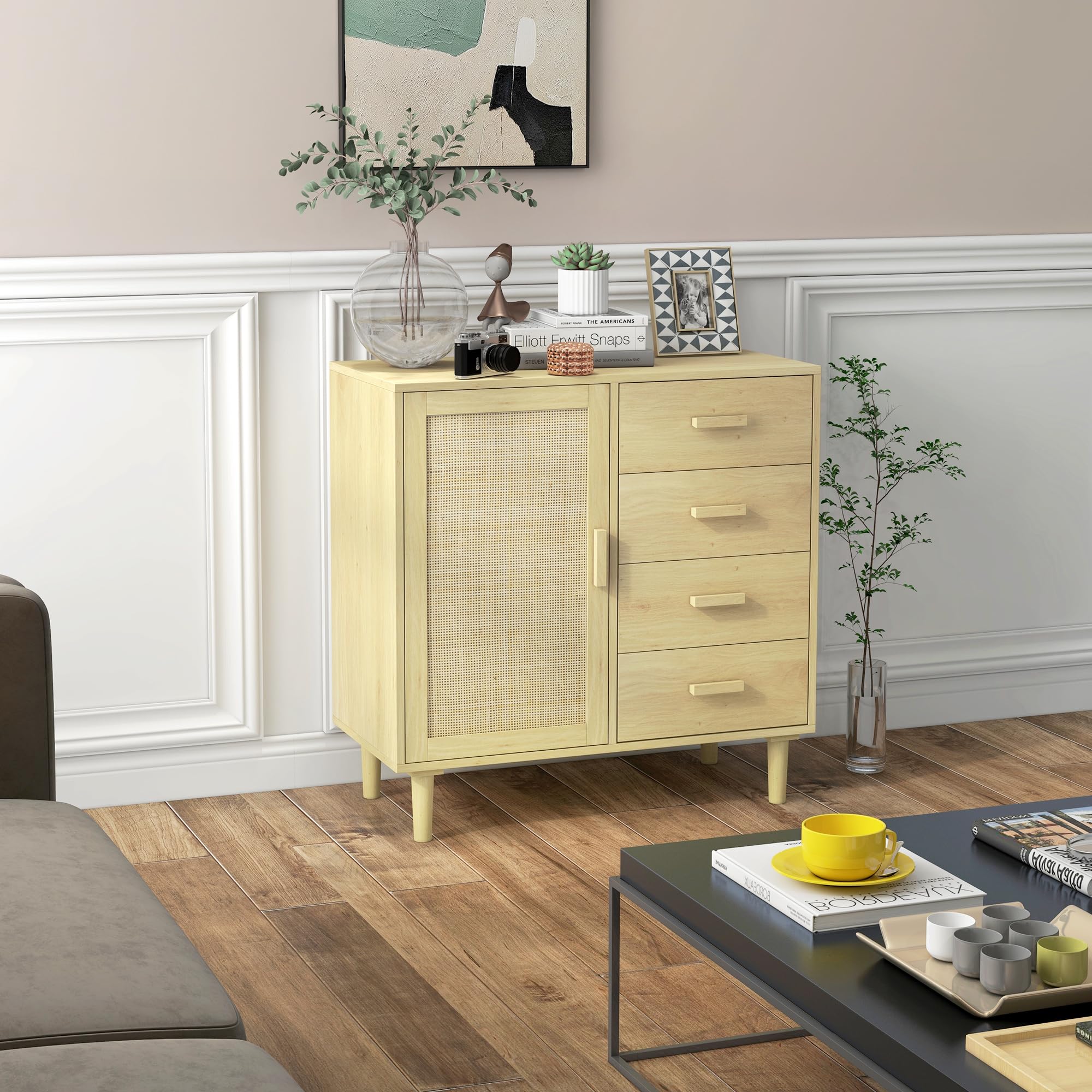 HOMCOM Credenza in rattan con anta in canna e 4 cassetti, credenza per sala da pranzo, soggiorno, camera da letto, 80 x 38 x 80,5 cm, effetto legno naturale