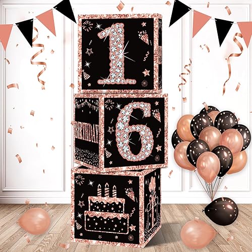 Eiurteao 3 cajas de decoración de cumpleaños número 16 para niñas, cajas de globos de feliz cumpleaños de 16 años de oro rosa, suministros de