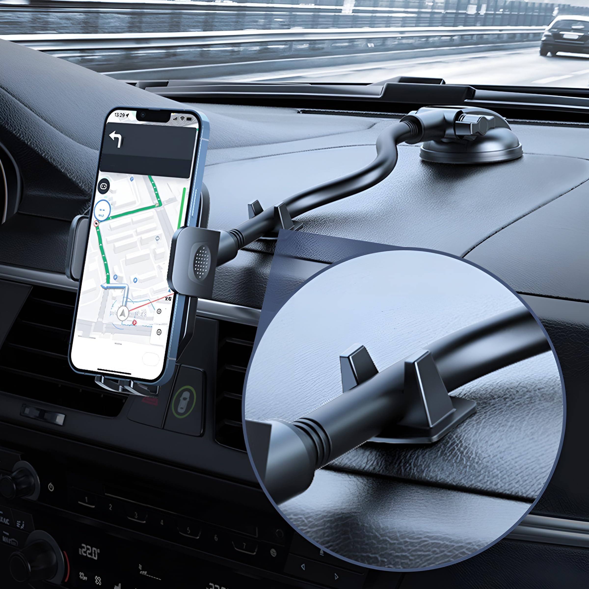Zpana Supporto per telefono da auto, braccio lungo, rotazione a 360°, supporto per telefono cellulare con ventosa, anti-vibrazione, supporto per smartphone, universale, per SUV, camper, camion (nero)