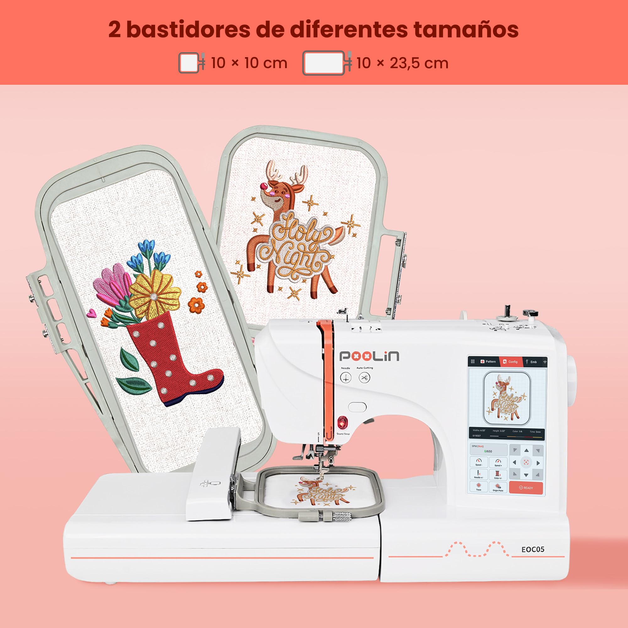 Máquina de bordar PooLin EOC05 - Máquina de bordar electrónica – Pantalla táctil LCD de 7", marcos de 10×10 cm y 10×23,5 cm, importación de motivos USB/Wi-Fi, ideal para principiantes y expertos