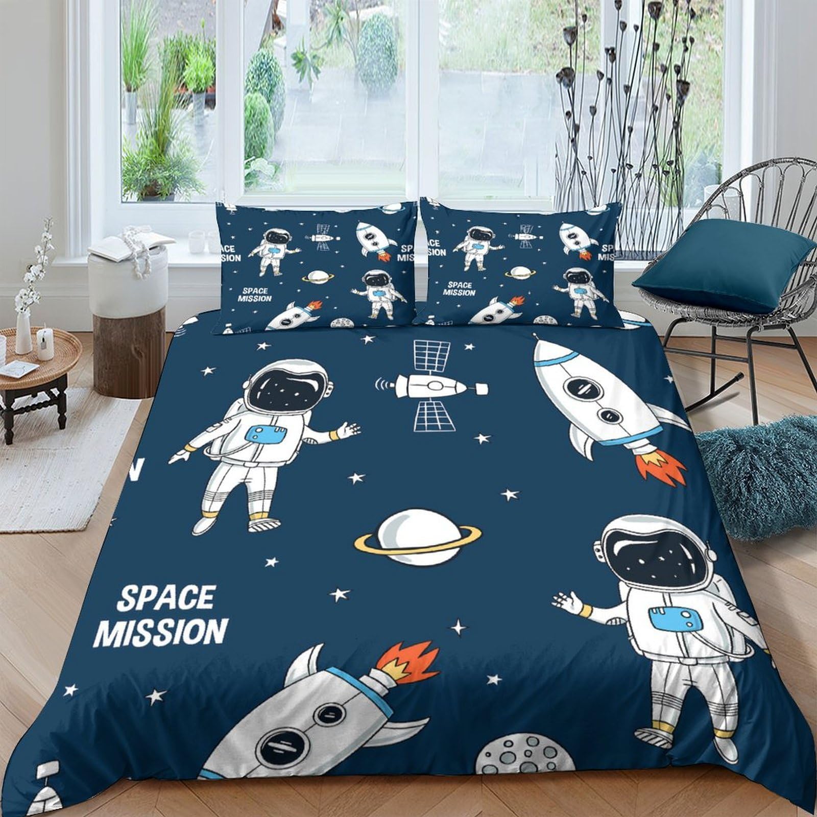 Ctjqhvkz Style-7 3D Printed Space Astronaut Fitted Sheet Microfiber Navy Blue Rocket Mattress Cover For Bedroom Dorm Easy Care Decor Single（135X200cm）
