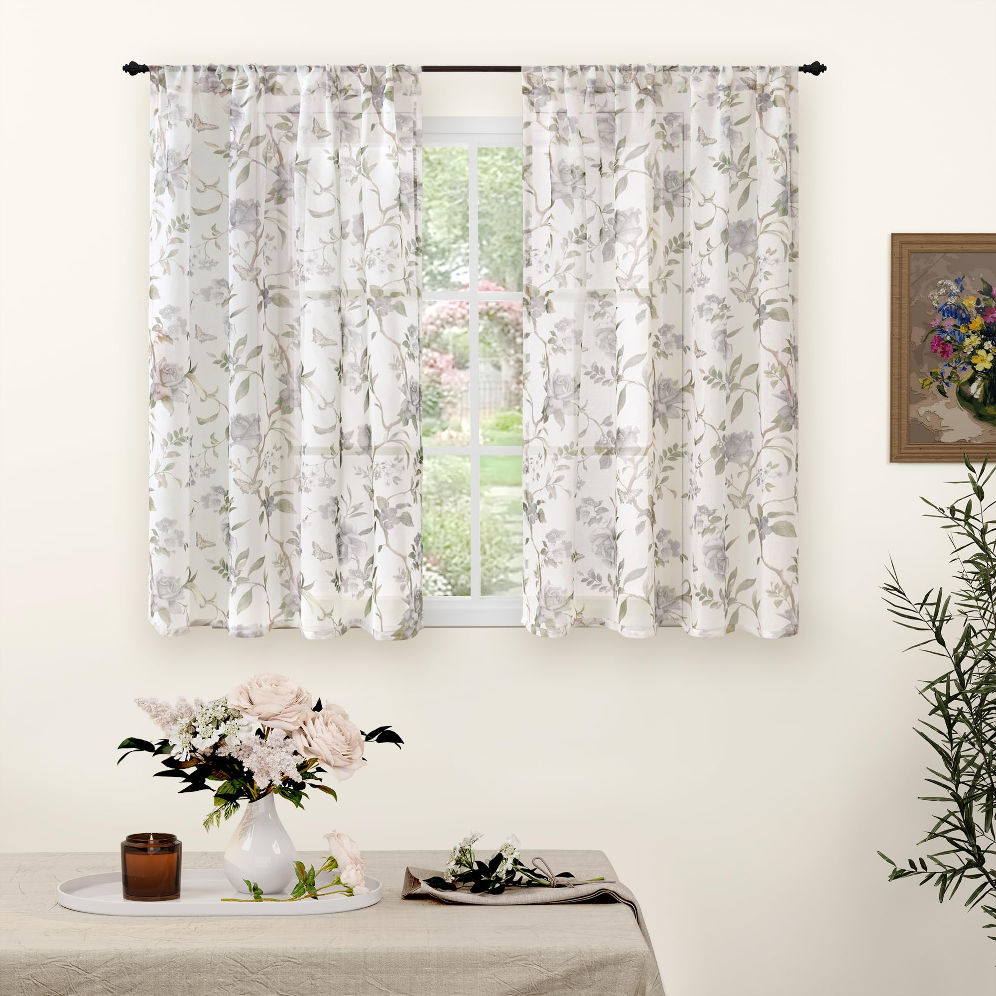 Lajode Short Grey Floral Sheer Curtains for Kids Room - 52x54 Inch 2 Panels — image 1