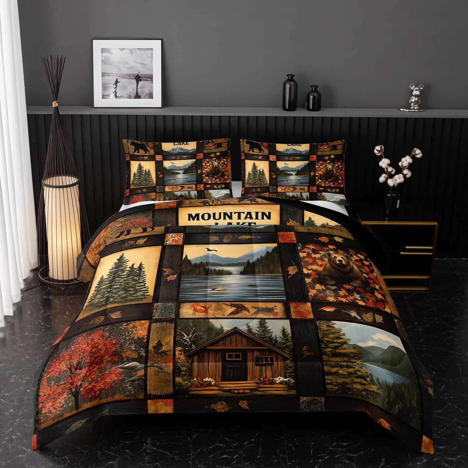 Nttopship Hunting Bear Comforter Set Queen,Bear Cabin Plaid Comforter Set Bedding Set for Kids Boys Men Adults Wildlife Pine Trees Rustic Farmhouse Soft Microfiber Comforter with 2 Pillowcases