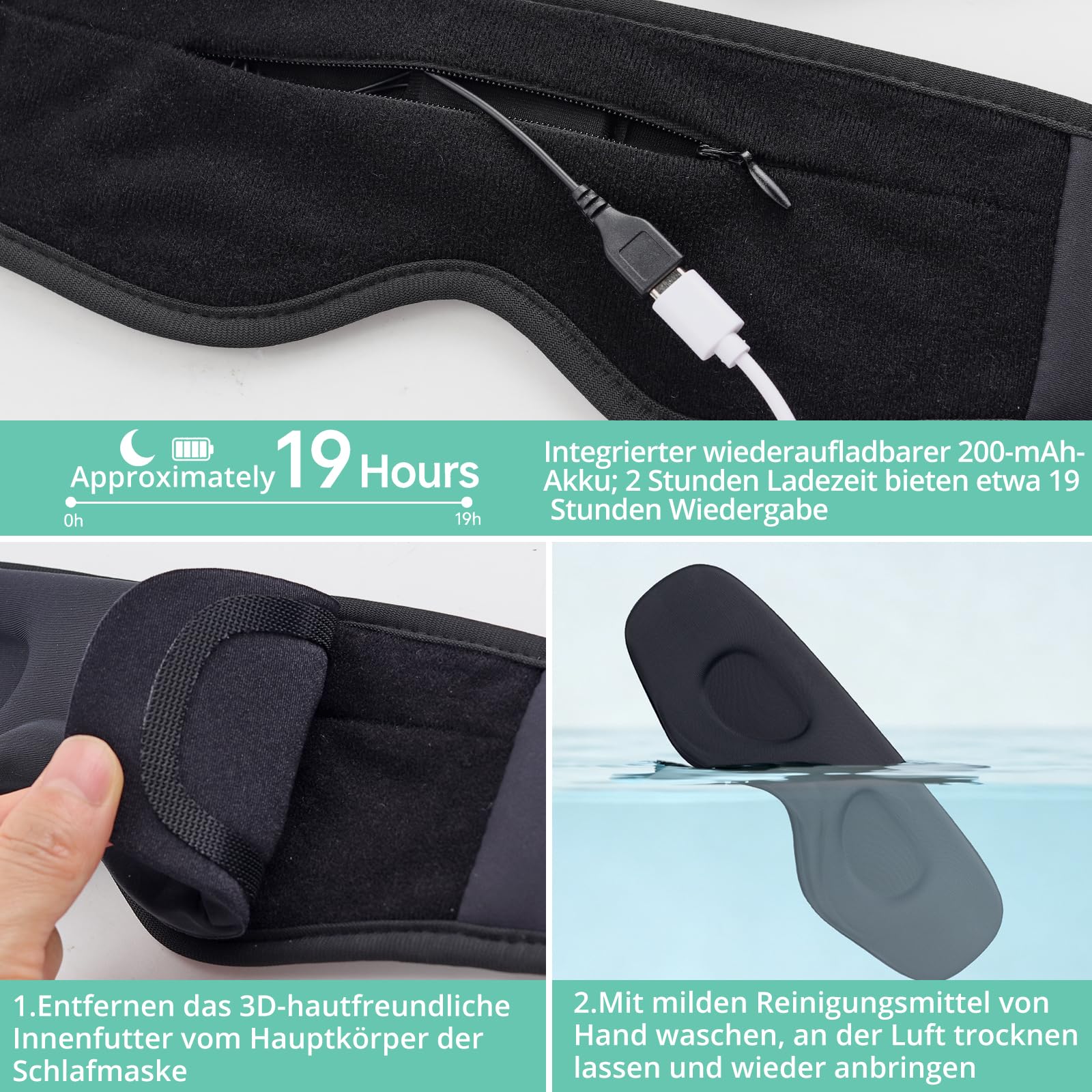 VINTEAM 3D Augenmaske mit Kopfhörern - Komfortable Bluetooth Schlafkopfhörer Memory-Schaum & Verdunklung Einstellbar & Tragbar für Seitenschläfer Reisen Nacht Entspannung
