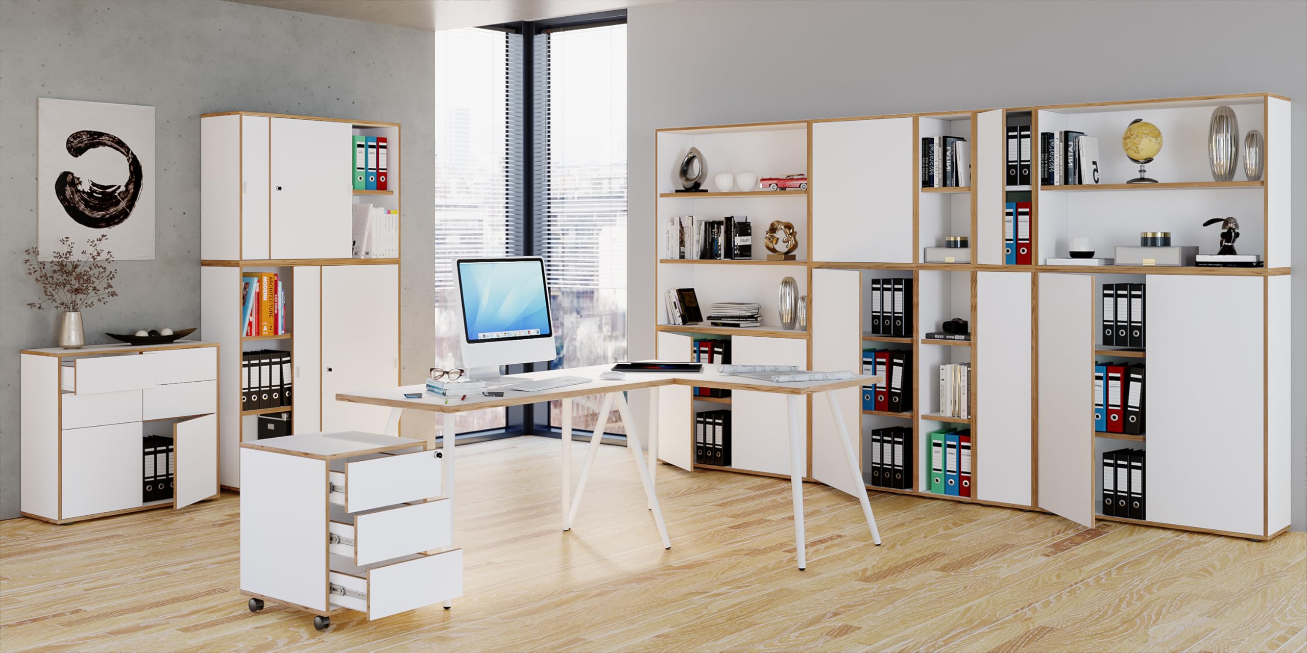 VCM Holz Büroschrank Ordner Aktenschrank Büromöbel Schrank Salia 3-Fach Breite 60 cm Drehtüren