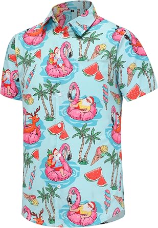 Mens Christmas Shirt Santa Claus Flamingo Casual Button Down Ugly Hawaiian Christmas Shirts for Men