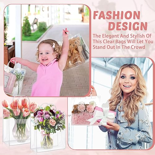 Miniatura 6 de LEIFIDE 50 bolsas de regalo transparentes con asas, bolsas de regalo de plástico PVC transparentes, reutilizables, bolsas de dulces para bodas,