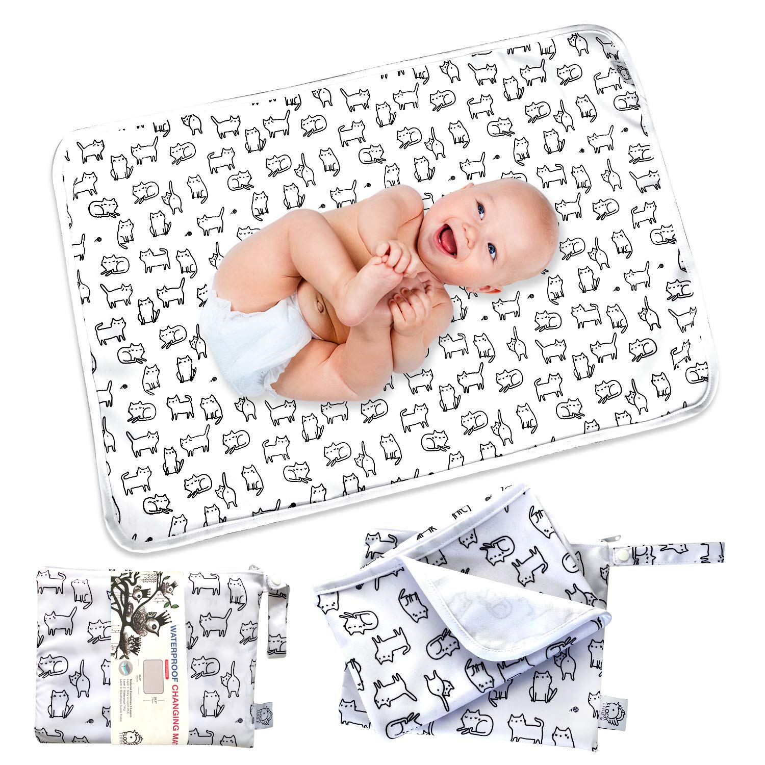 Flock Three Waterproof Baby Diaper Changing Pad with Storage Bag (28.7" X 19.7") Washable Wipeable Reusable Leak Proof Diaper Travel Mat Station