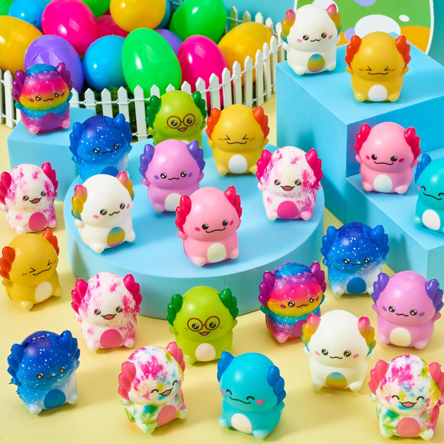 JOYIN 24 Pcs Easter Prefilled Eggs with Squishy Toys, Lovely Axolotl Squishy Toy for Easter Egg Hunt, Party Favor for Kids, Basket Stuffers, Filling Treats, Goodie Bag Fillers, Class Prize Supplies