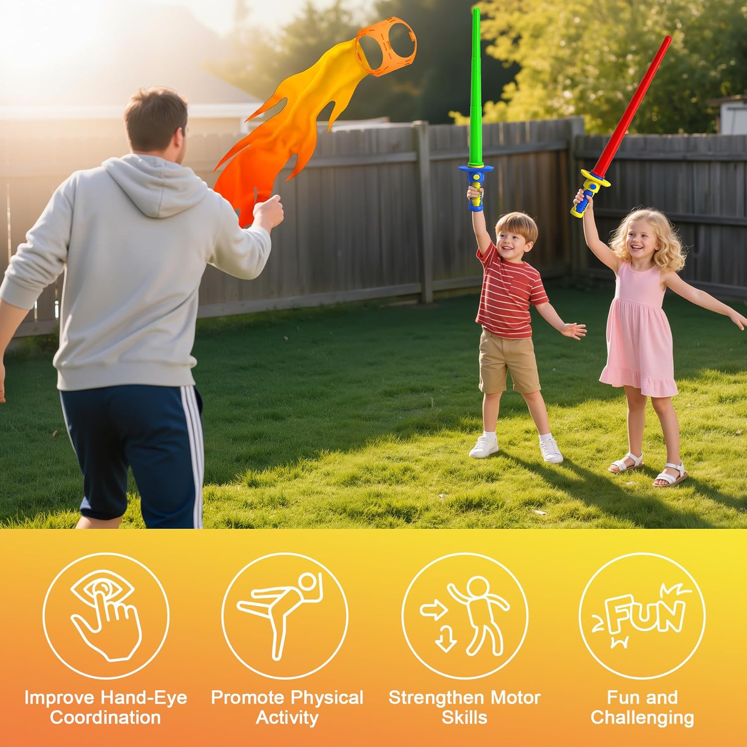 Enjoyjoy Innovative Games for Kids Ages 4-8 with 2 Swords and Flaming Tail Toss Catch Ball Set Yard Game Outdoor Games for Kids Beach Toys Indoor and Outdoors Play Toys