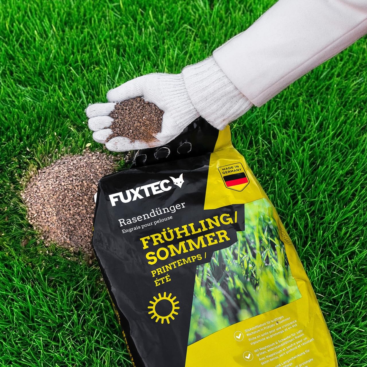 FUXTEC Engrais gazon printemps été FX-RDFS20 – 20 kg rendement 1000m2 fertilisant pelouse NPK 12+3+5 organo-minéral – azote à libération progressive – magnésium et soufre – granulés fins