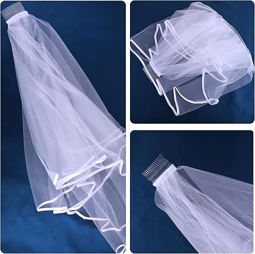 Miniatura 6 de Velo de novia corto de boda con peine, 2 niveles de tul velo de novia longitud codo velo de boda borde de cinta 60-80cm23-31in, Blanco