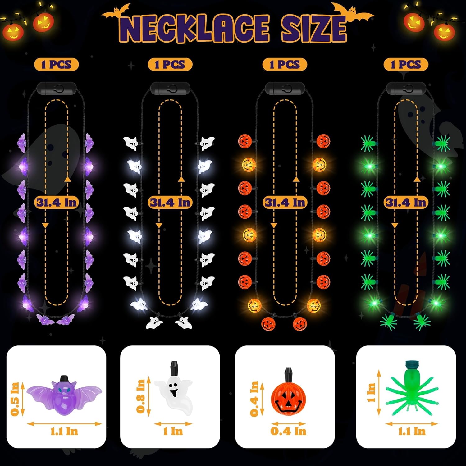 4PCS Halloween Necklace Accessories, Light up Halloween Necklaces Party Favors, Colorful Glow Necklaces with Bats Ghost Pumpkin, Glow Necklace for Trick or Treat Adventure Activities Party Favors