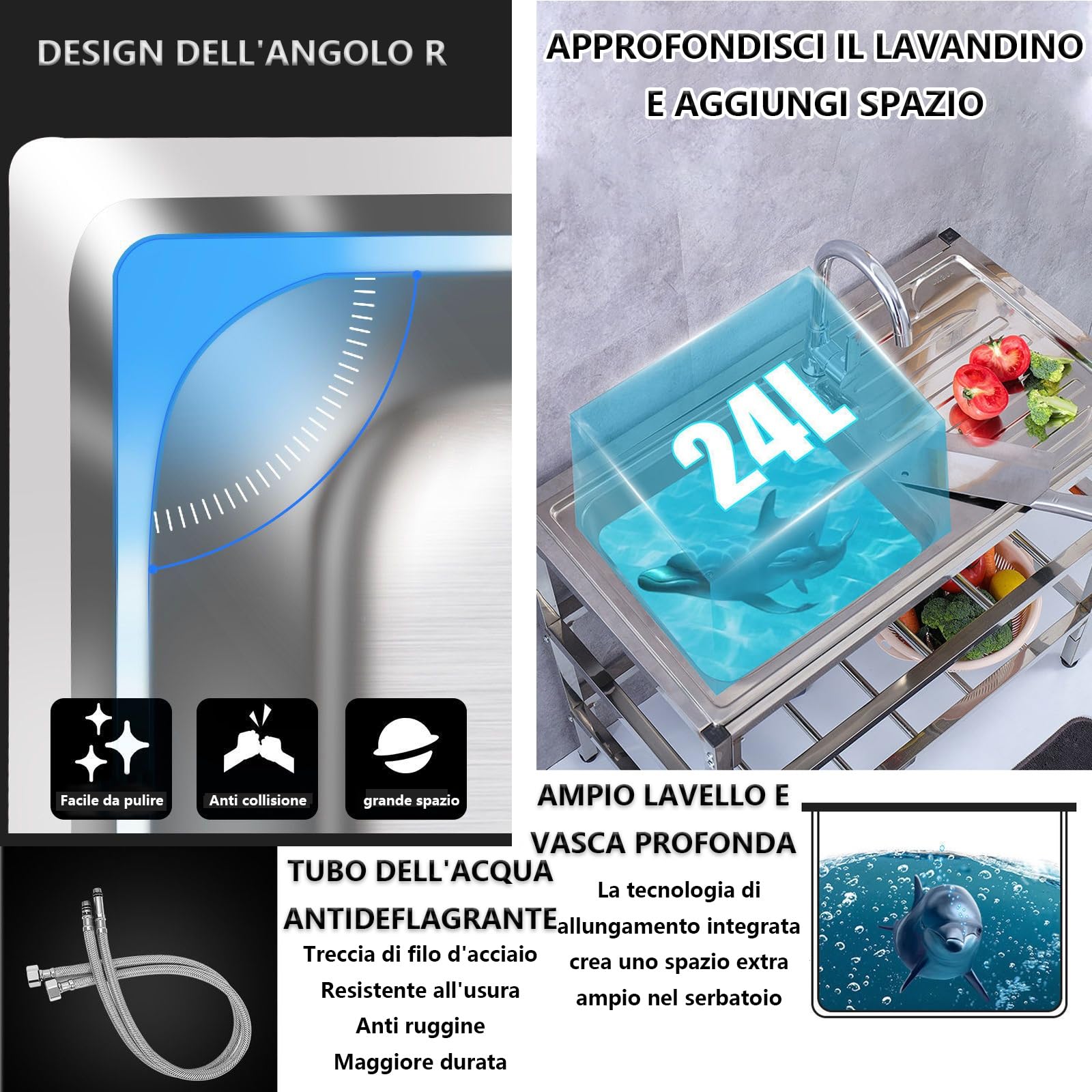 Lavandino da esterno a libera installazione,Inossidabile con il Rubinetto Girevole 360°, tavolo da preparazione con console e supporto,Facile da pulire,per Garage, Cucina. (Size : Double layer)
