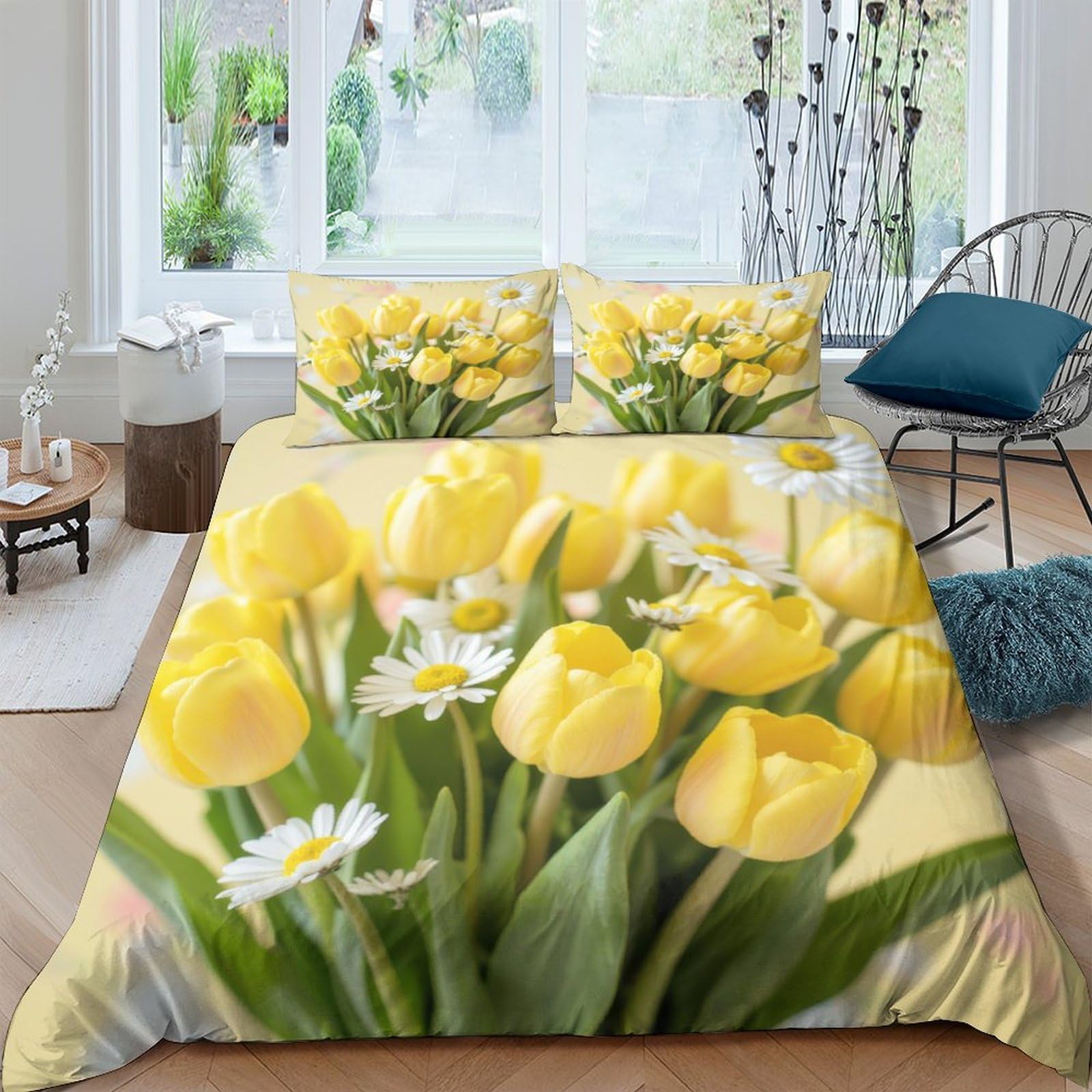 XFKLYNVCJ 3D Printed yellow tulips Duvet Cover Polyester spring floral arrangement Comforter Cover Hypoallergenic Durable Couples Home Bedding Use Single（140x200cm）