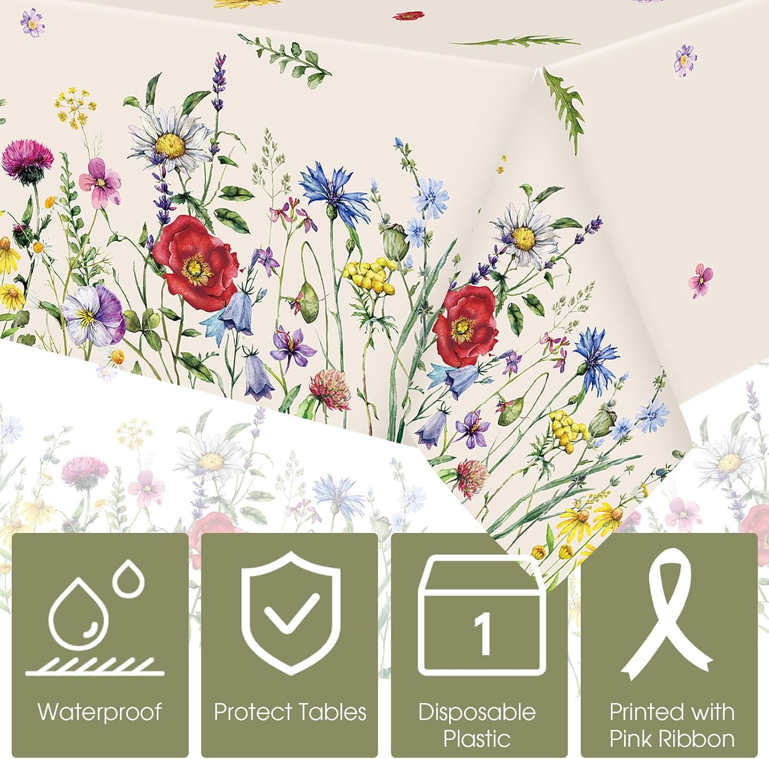 Ganeen 3 Pcs Spring Floral Tablecloth Disposable Plastic Wildflower Table Cloth Rectangle Table Cover Waterproof for Birthday Wedding Easter Mothers Day Tea Party Supplies and Decor, 54 x 108 Inch