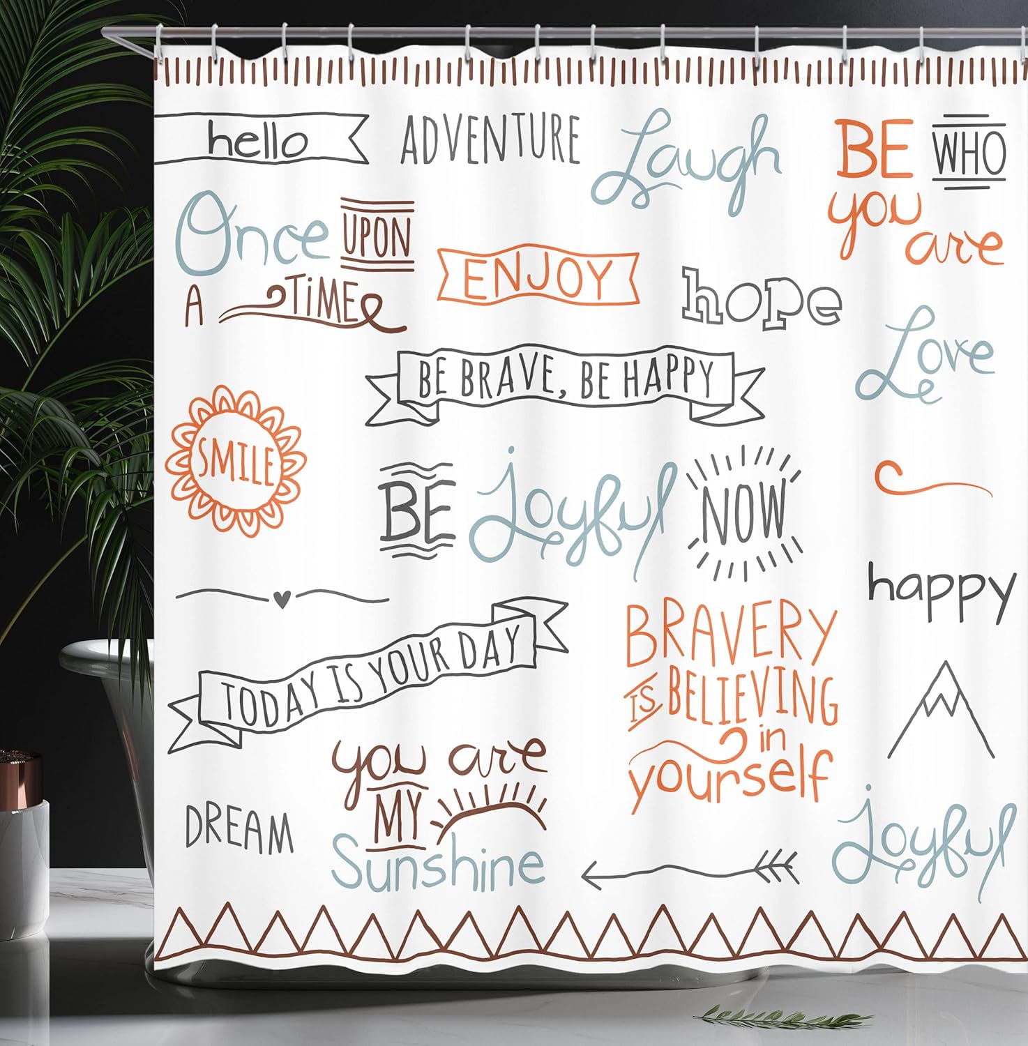 Ambesonne Adventure Shower Curtain, Various Words on Happiness and Self Value Uplifting Phrases Being Who You are, Cloth Fabric Bathroom Decor Set with Hooks, 69" W x 75" L, Orange