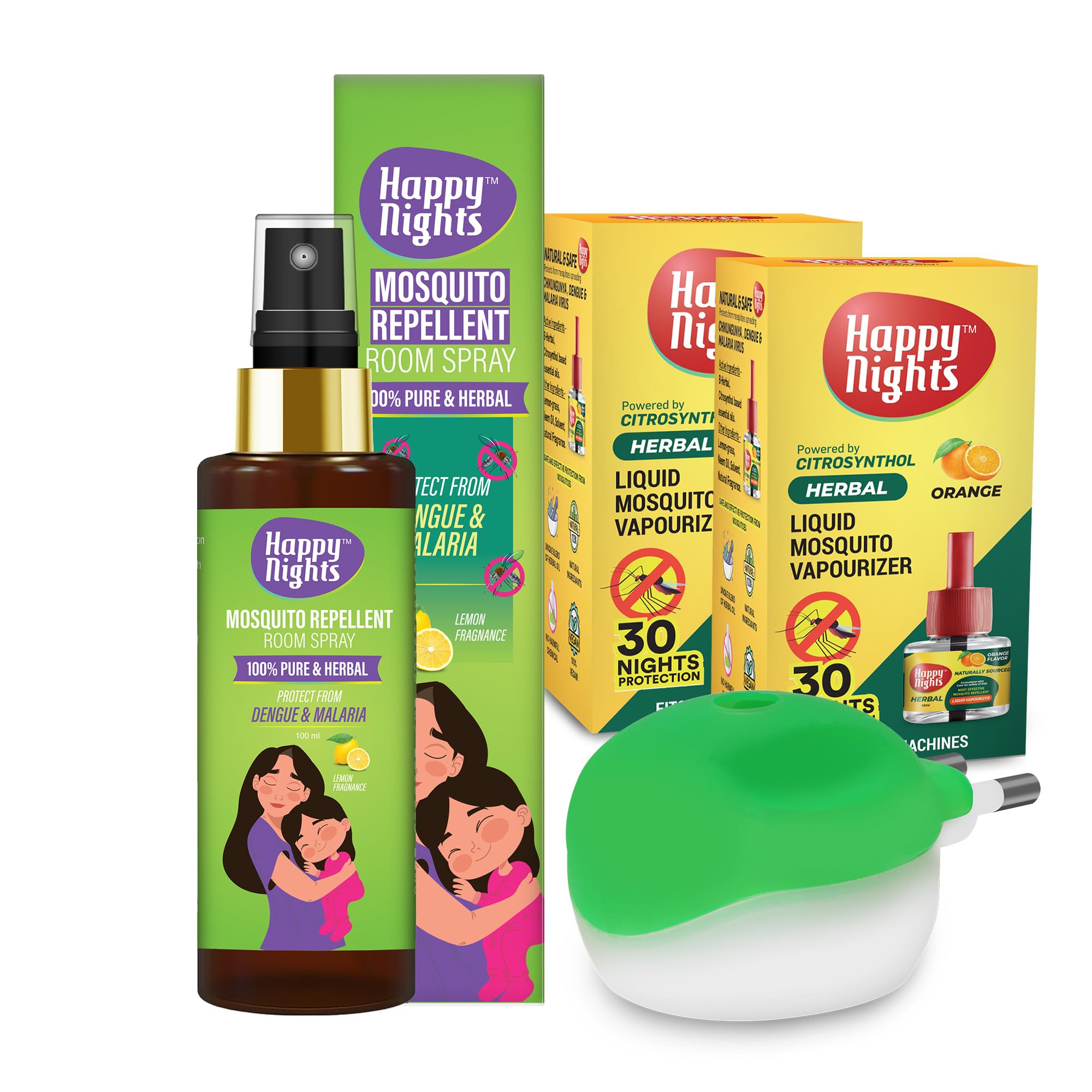 Happy Nights Herbal Mosquito Repellent Room Spray & Liquid Vaporizer Refill with Machine Combo Mosquito Protection Safe for Baby (100ml Lemon Fragrance Spray | 2 x 45ml Orange Refill & Machine)-picture-31