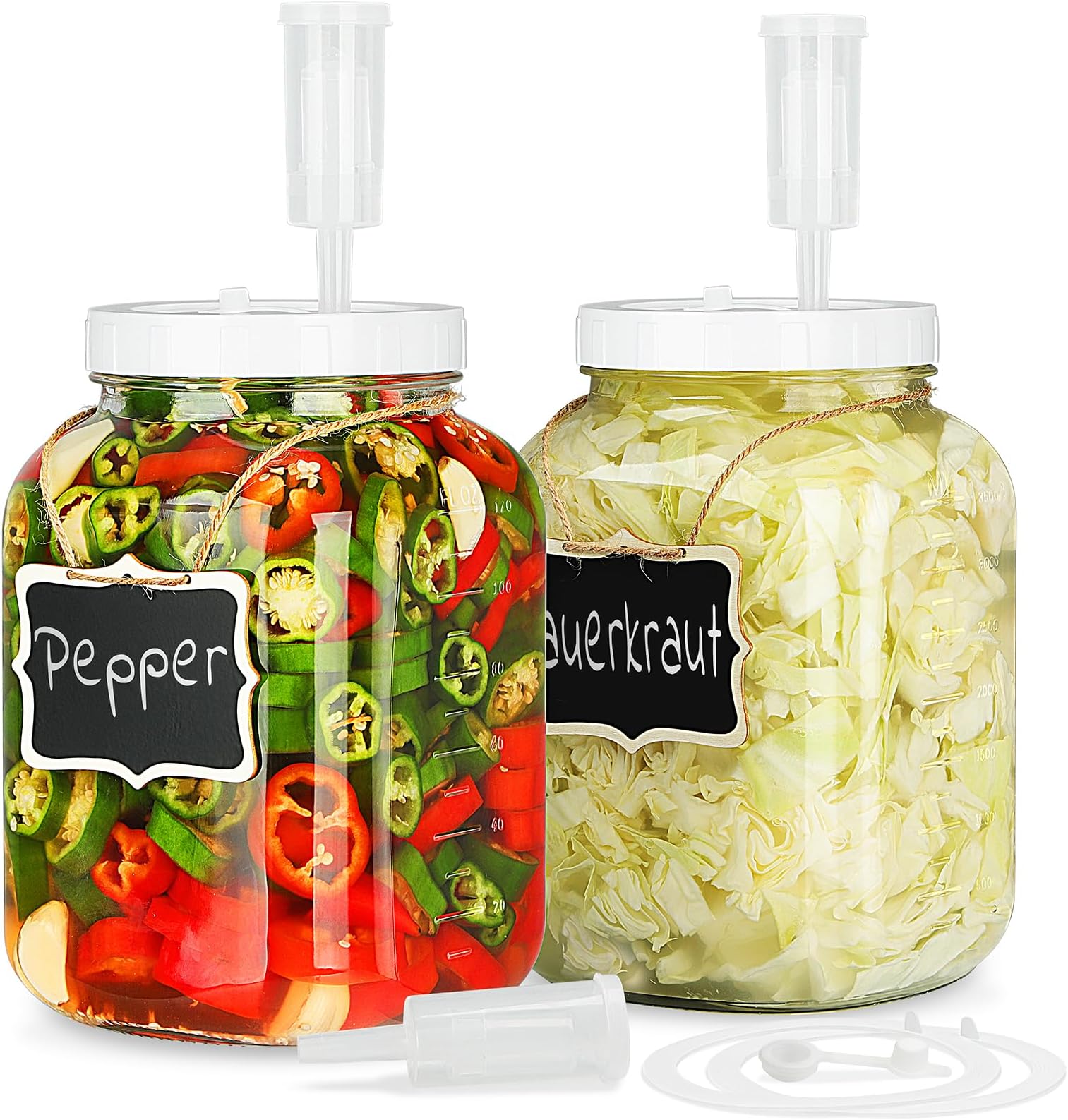 Folinstall 2 Pack 1 Gallon Large Fermentation Jars w 2 SCREW Lid and 3 Airlock - 100% Airtight Lid, Wide Mouth Glass Jar, Pickle Jar w Scale Mark for Sourdough Starter