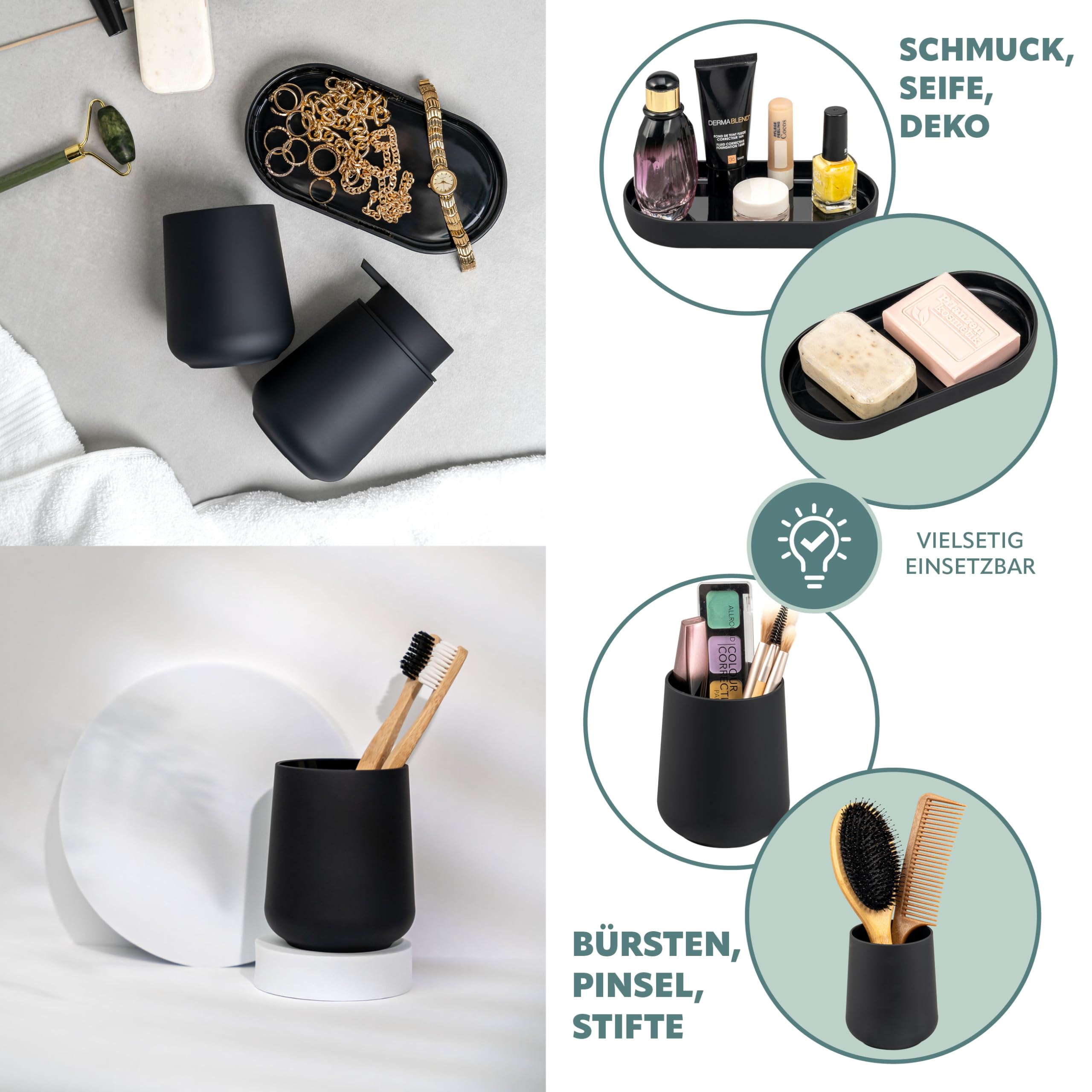 Eluno TESERO Badezimmer Set 3-teilig | Seifenspender, Becher & Schale | Soft-Touch Oberfläche | Modernes Design