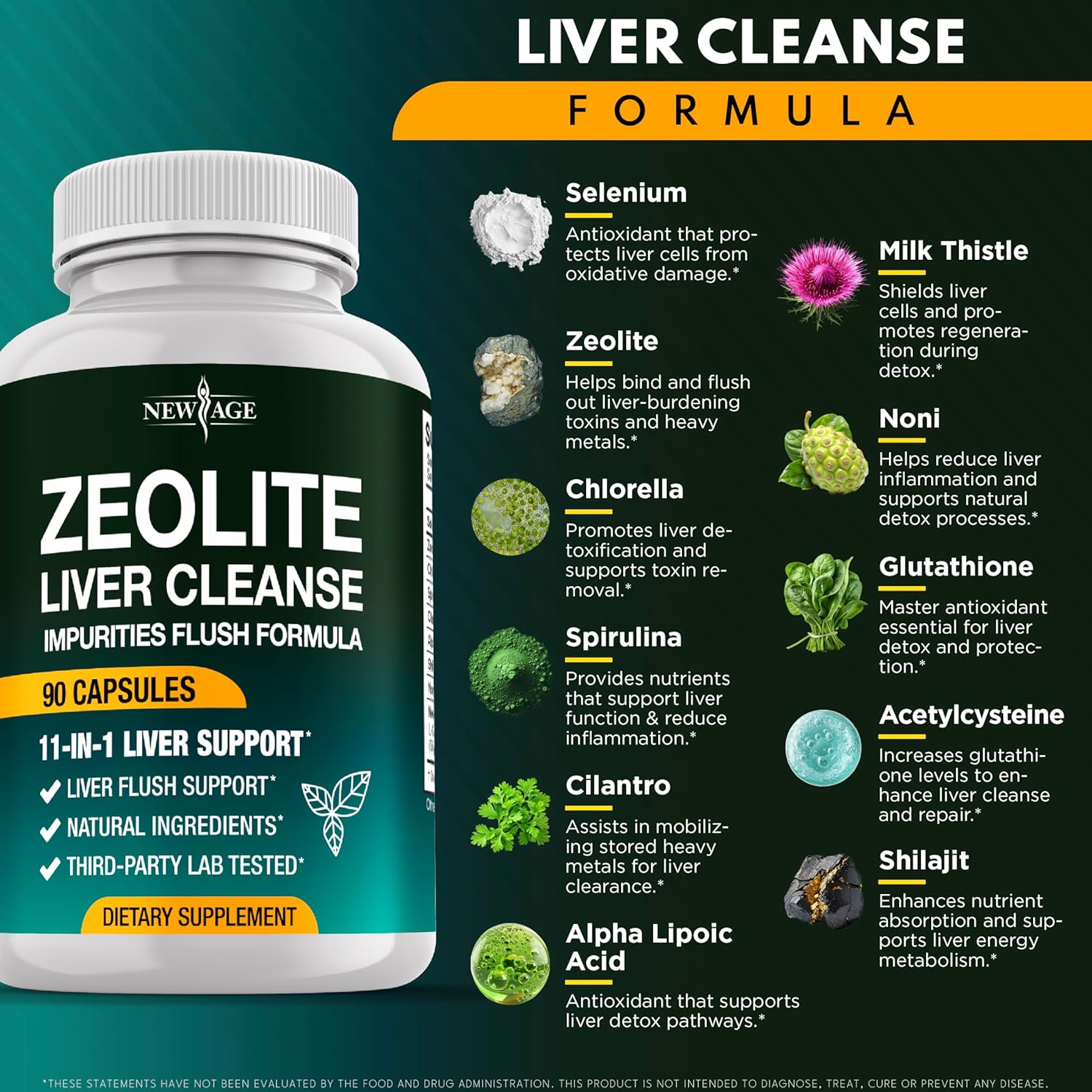NEW AGE Liver Cleanse & Repair - Gut Health, and Energy - Zeolite for Adults with Noni, Glutathione, NAC, Chlorella, Spirulina, ALA, Cilantro, Milk Thistle & Shilajit - 180 Count - Image 2