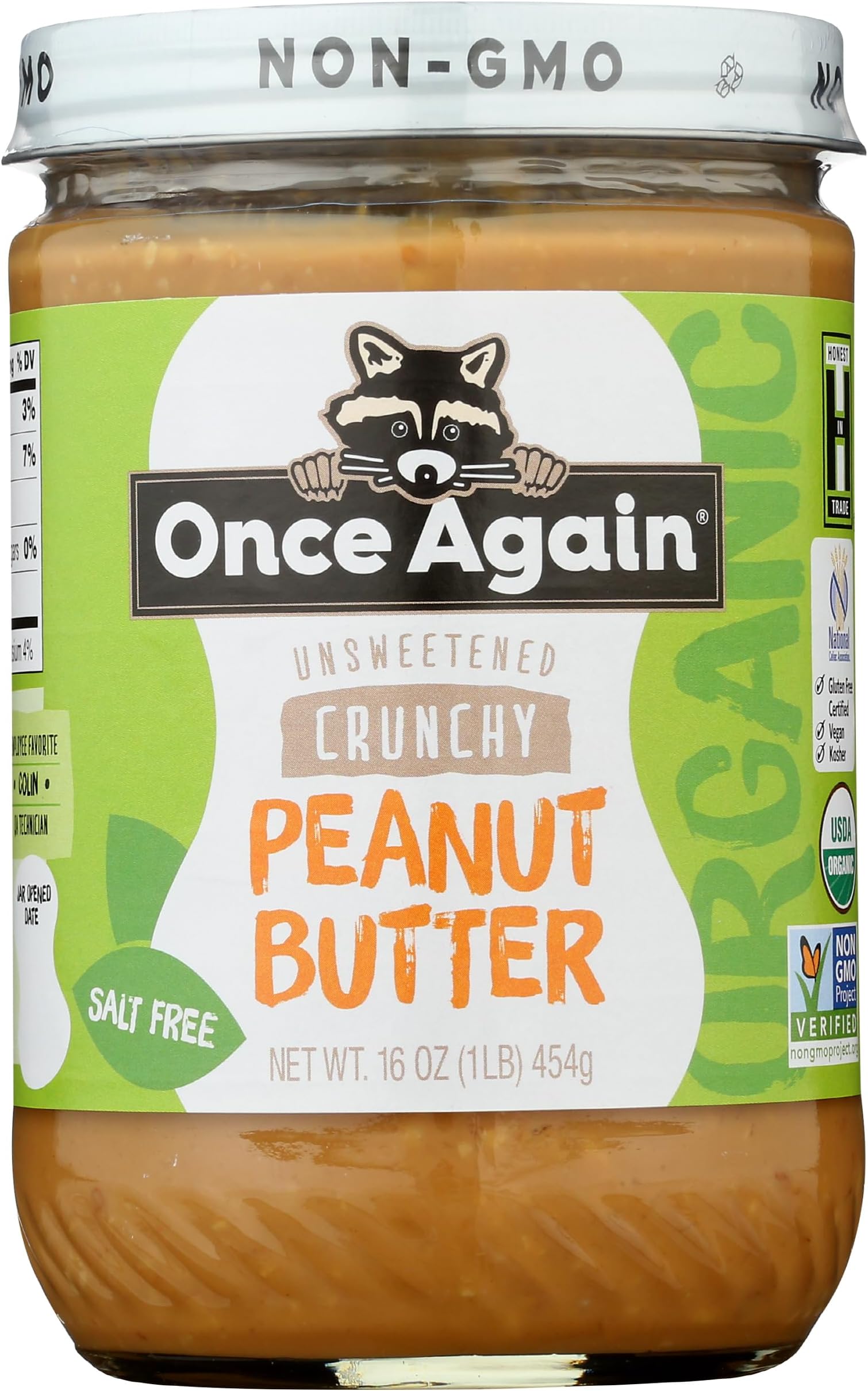 Once Again Organic Crunchy Peanut Butter No Sugar Added - Single Ingredient, Unsalted, Natural Peanut Butter No Palm Oil - Glass Jar, Non-GMO, Gluten Free - Chunky, Unsweetened - 1 Jar (16 oz)